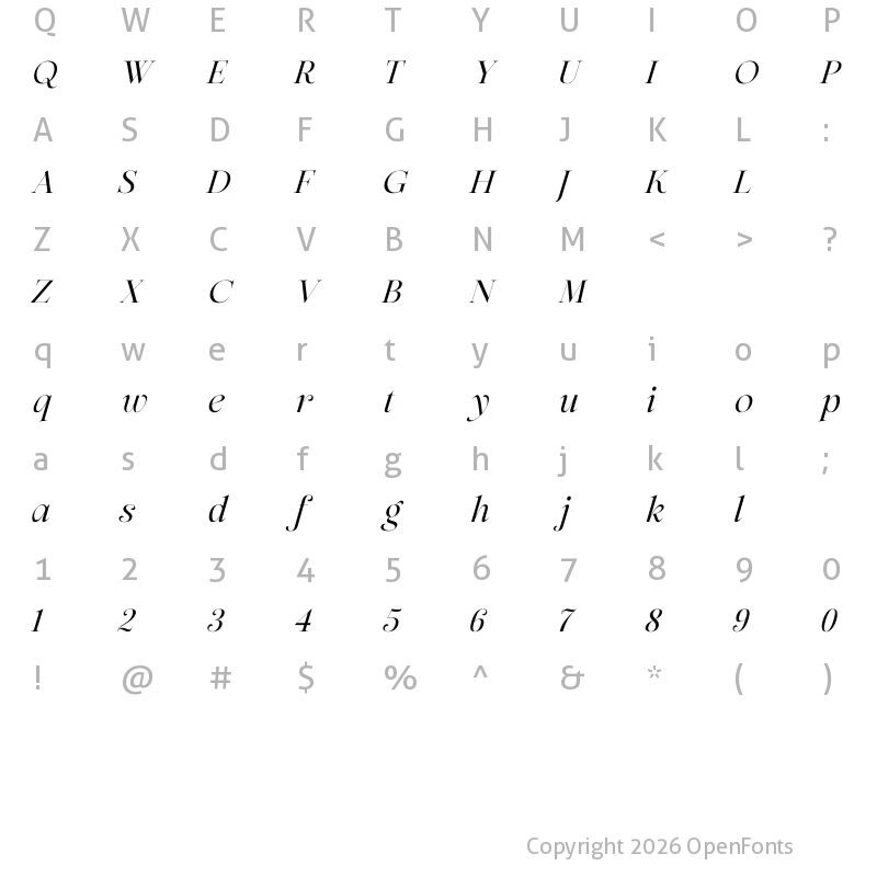 Character Map of Zofiere Italic