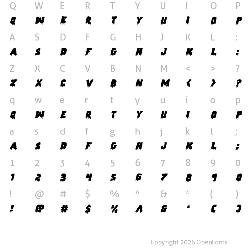 Character Map of Zombie Control Expnaded Italic Expnaded Italic