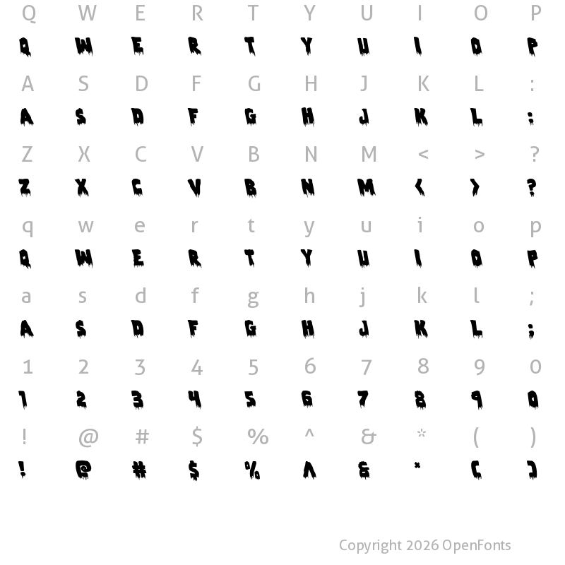 Character Map of Zombie Control Leftalic Italic