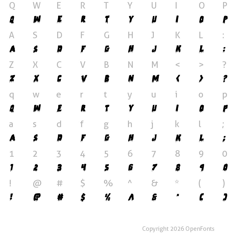 Character Map of Zombie Control Rotalic Italic